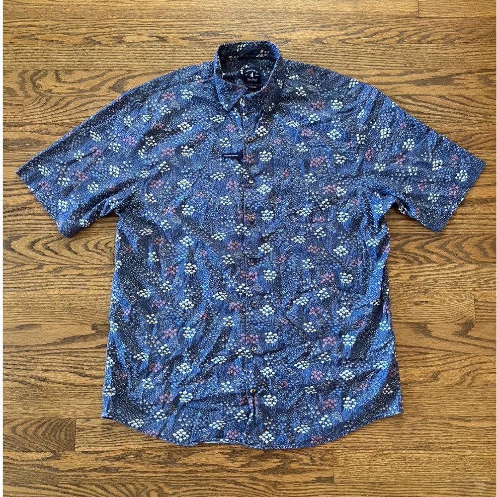 Johnnie-O Top Shelf Mens Large Blue Mushroom Floral Print Short Sleeve Shirt L